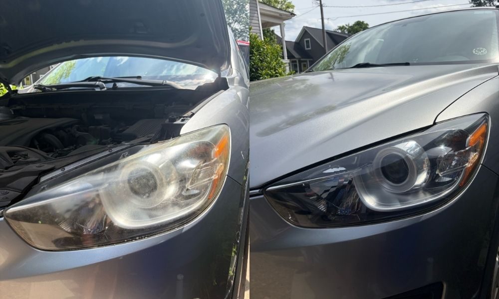 Yellowed headlight restored to clear